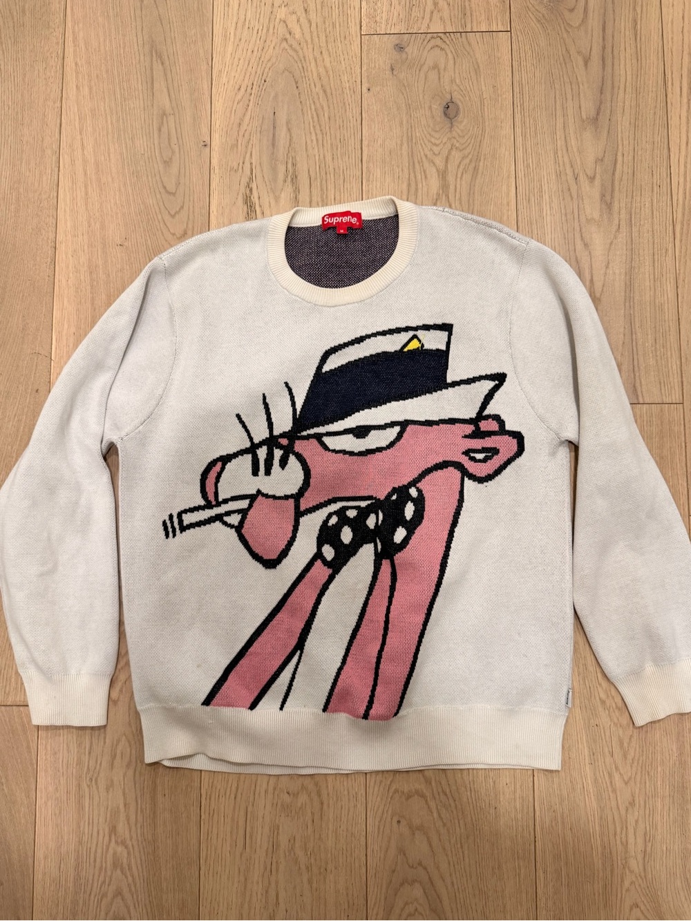 Supreme White Crewneck Sweater with Pink Panther Graphic
